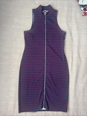 Express Navy and Red Striped Sleeveless Zip-Front Midi Dress